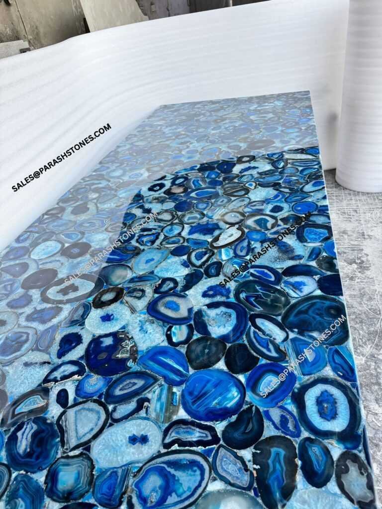 Unique Brazilian Blue Agate slab showcasing vibrant blue patterns