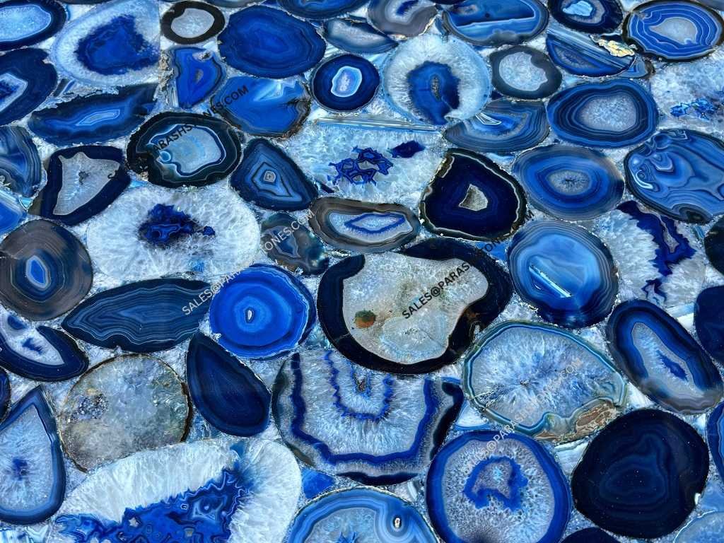 Polished Brazilian Blue Agate slab with natural blue and white banding