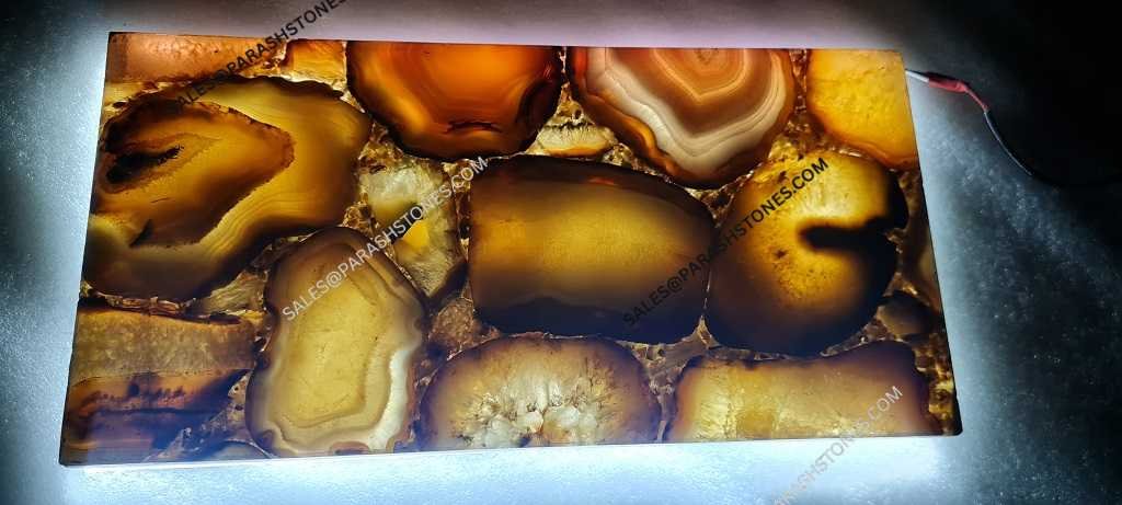 Decorative brown golden agate slab with golden streaks