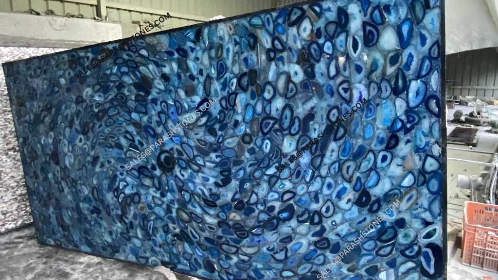 Blue Agate Spiral slab showcasing spiral crystal design