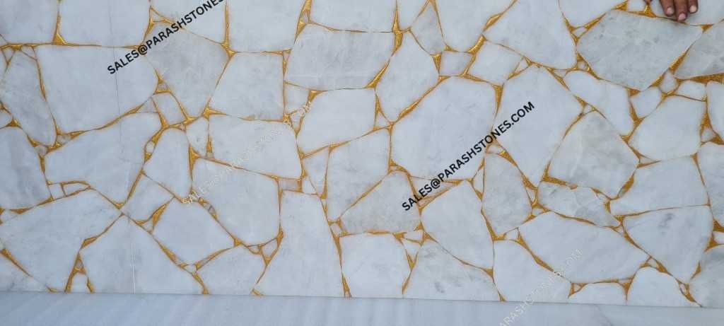 Quartz with Golden Semi Precious Gemstone Tiles