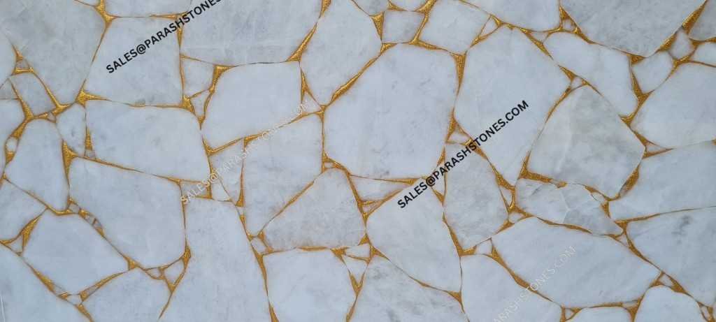 Polished White Quartz with Golden Veins for Countertops