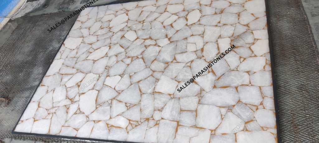 White Quartz with Golden Semi Precious Gemstone Slab